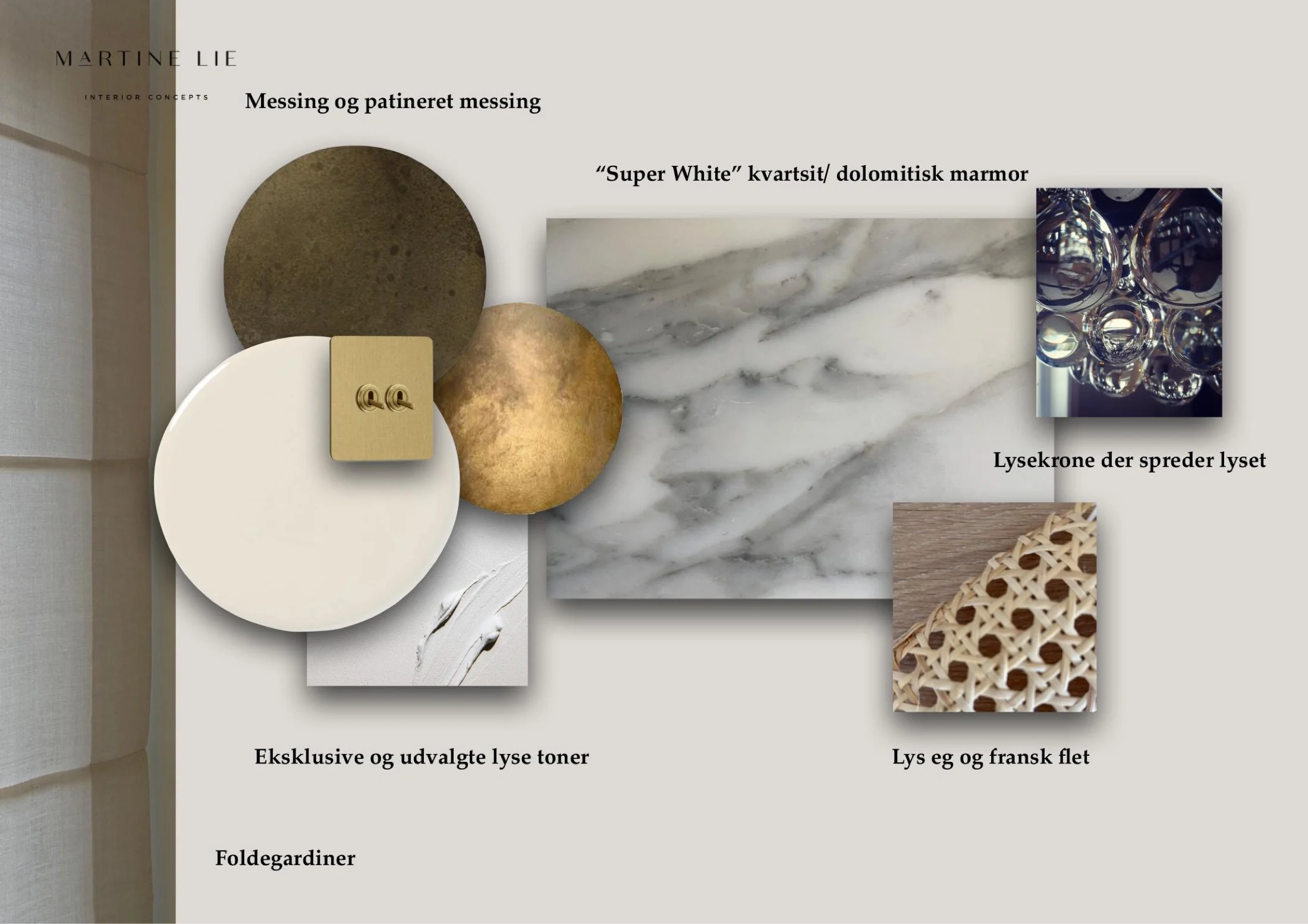 Materialepalet: messing, marmor, eg, fransk flet