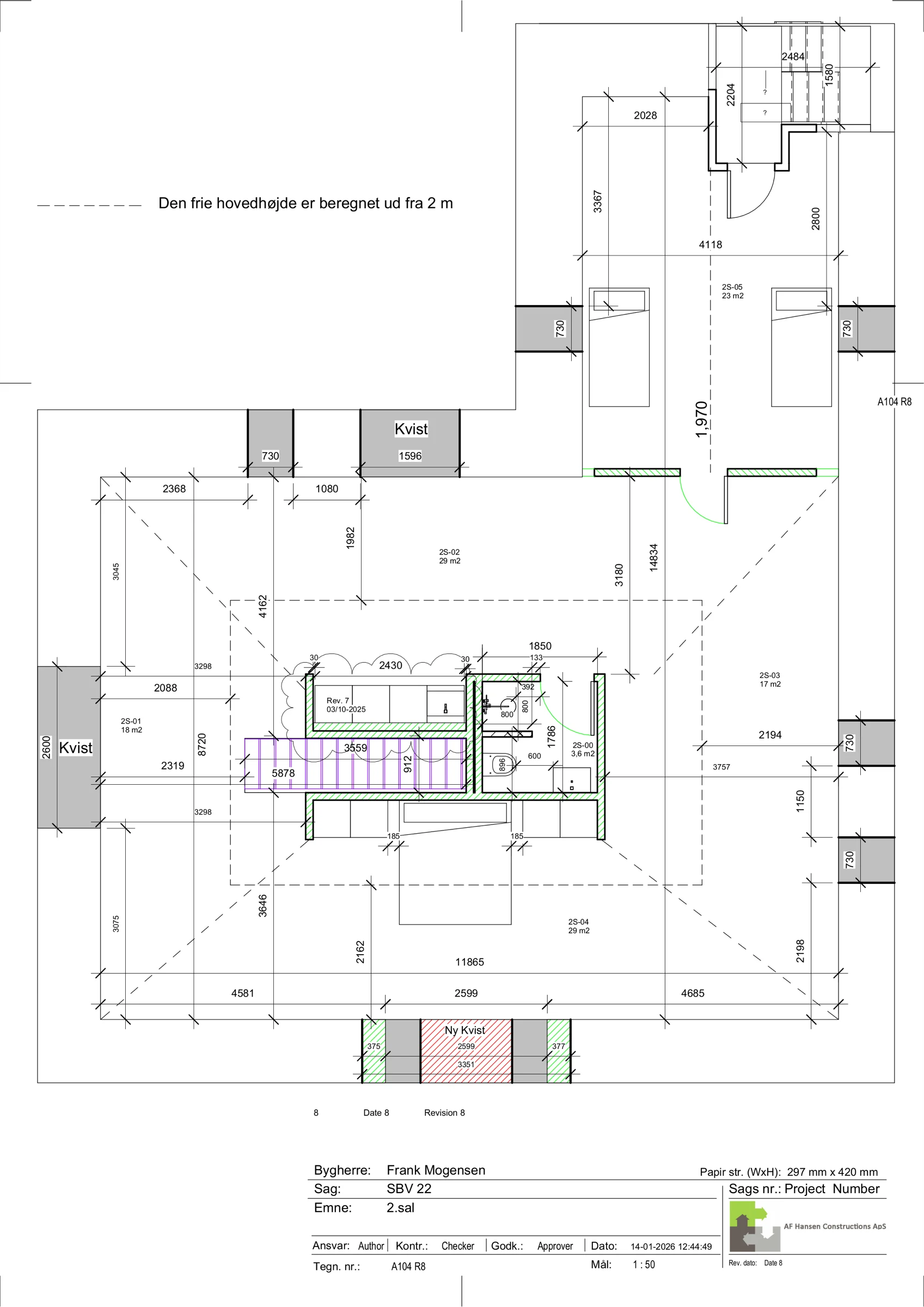 Plantegning af tagetage med rumfordeling og kvadratmeter